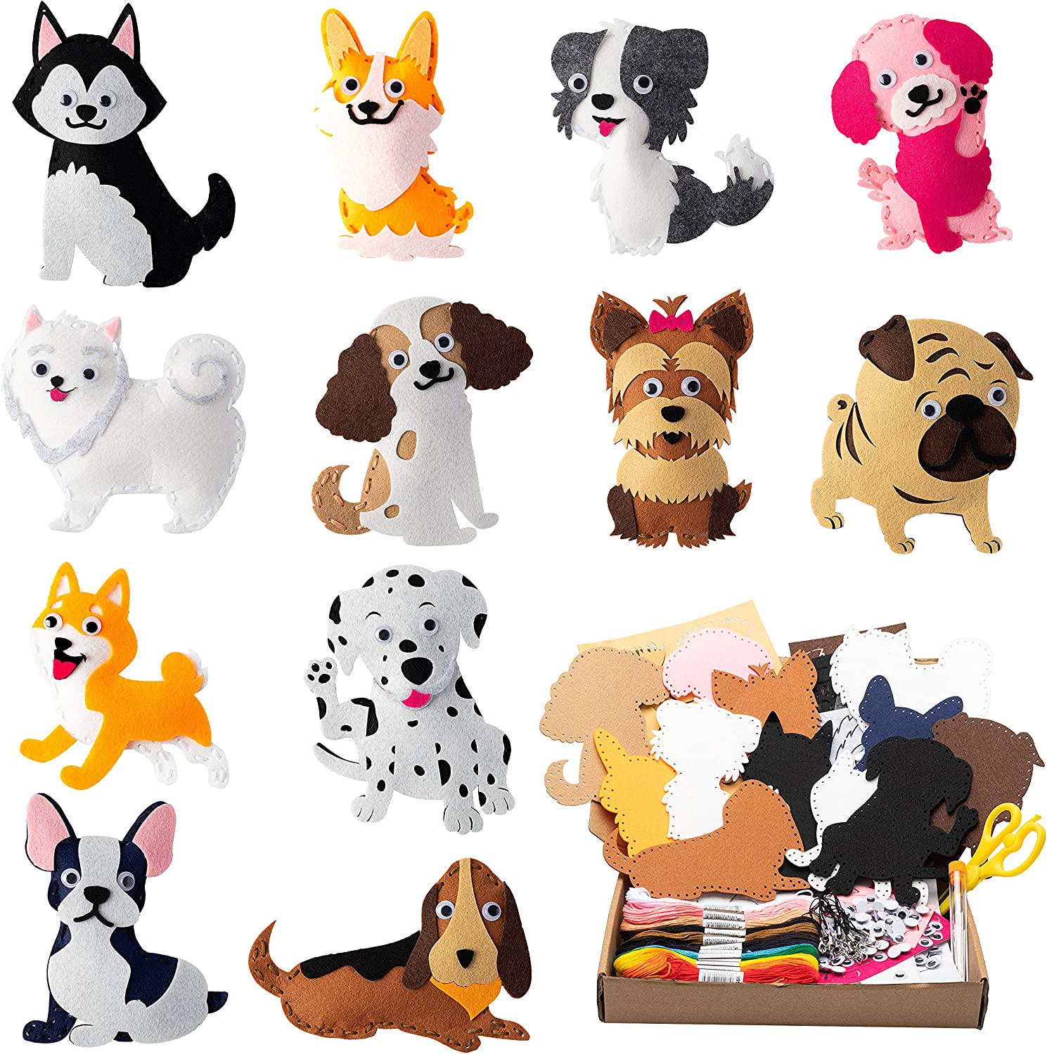 MALLMALL6, MALLMALL6 12Pcs Puppy Dogs Sewing Craft Kit DIY Sew Kits Stuffed Animal Animals Felt Crafts Package Birthday Gifts for Beginners Kid Boys Girls Dog Toys Art Project Games for Family Game Night