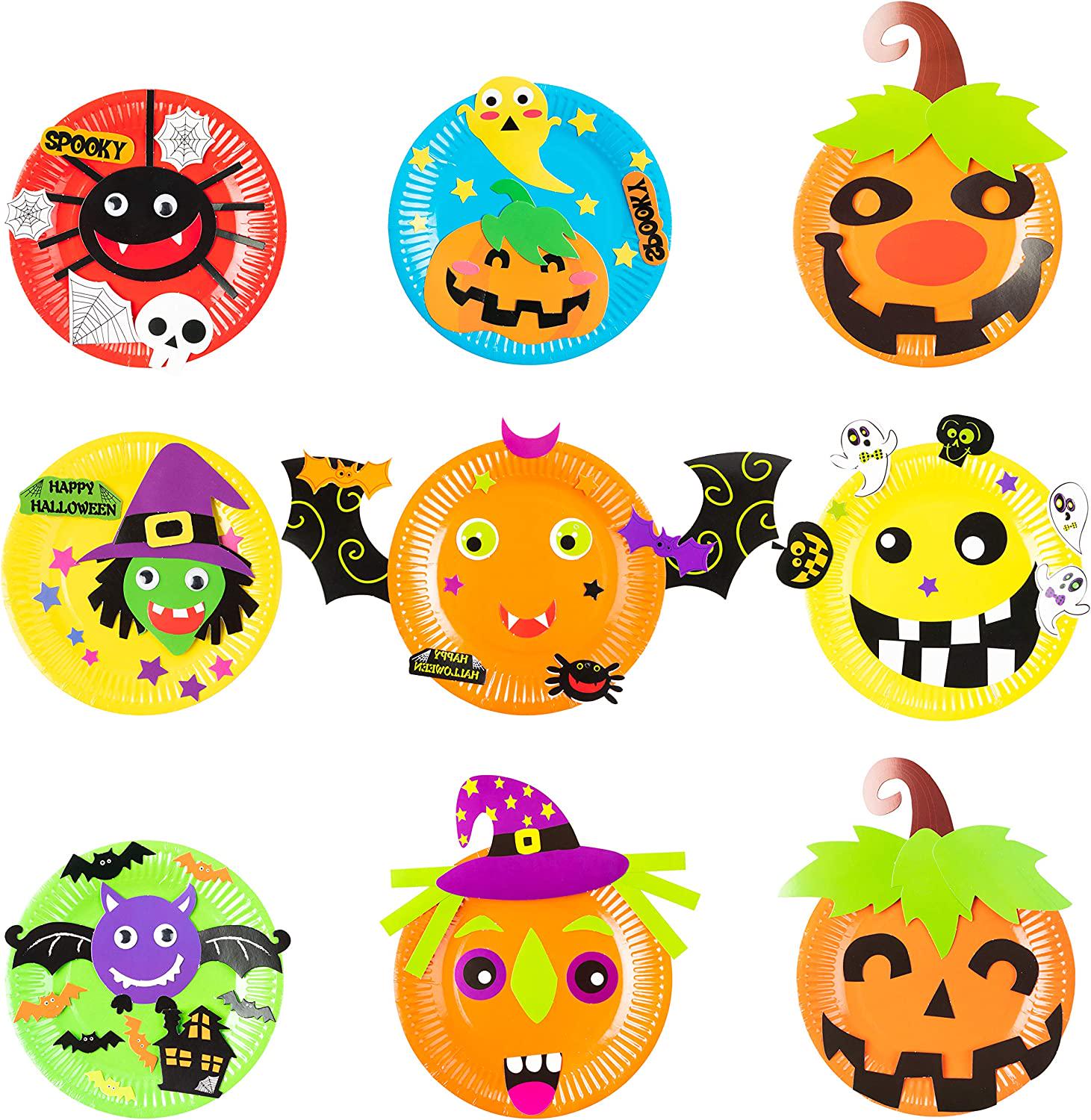 MALLMALL6, MALLMALL6 9Pcs Halloween Paper Plate Art Kits for Kids DIY Craft Sticker Card Games Activity Handmade 3D Pumpkin with Body Paper Crafts Project Classroom Supplies for Preschool Toddler Boys Girls