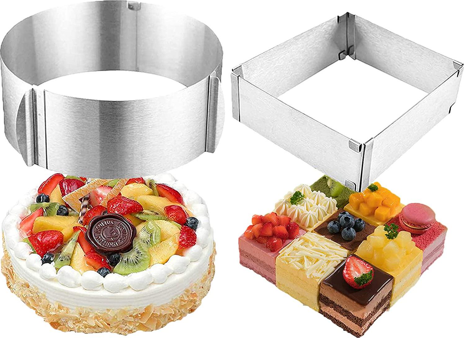 MANO, MANO 2-Piece Stainless Steel Cake Ring 6 to 12 Inch Adjustable Mousse Cake Molds Round and Square Cake Decor Baking Mold Ring Bakeware Set Tool
