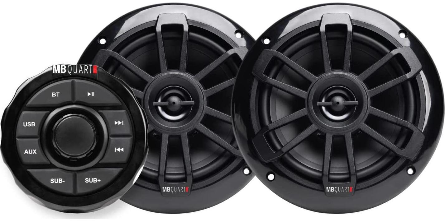 MB Quart, MB Quart Coaxial Speakers with Bluetooth Source Unit (Black) 6.5 Inch, 160 Watt Each, Marine Grade Waterproof, for Marine, Car, RV, Set of 2 Speakers