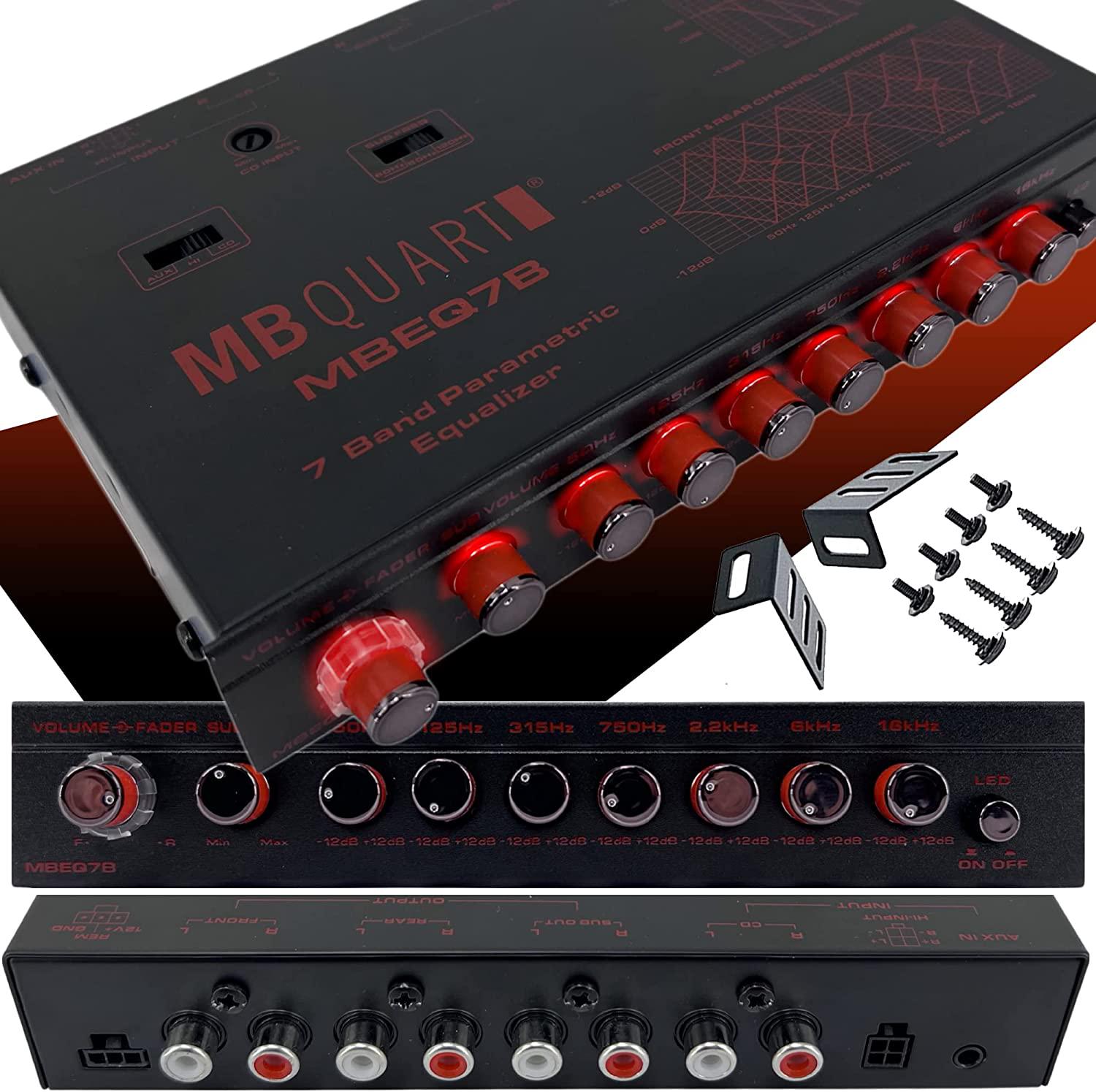 MB Quart, MB Quart MBEQ7B 7-Band 9 Volts 1/2 DIN Pre-Amp Car Audio Graphic Equalizer with Front 3.5mm Auxiliary Input, Rear RCA Auxiliary Input and High Level Speaker Inputs,Silver