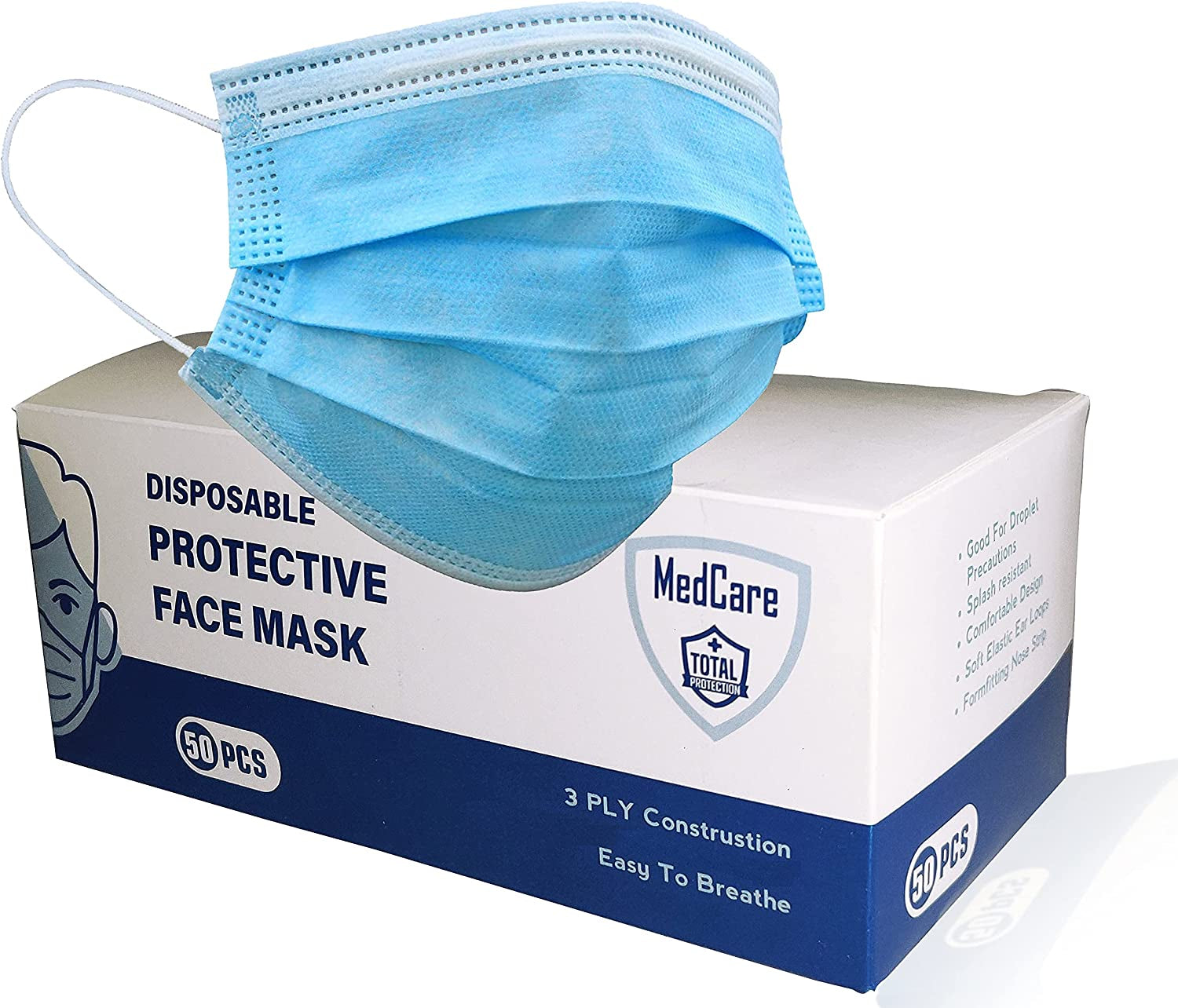 MEDCARE, MEDCARE Face Mask Disposable 50Pcs Box, 3 Layers Breathable Earlooped (Plastic Seal), Shipped from Australia