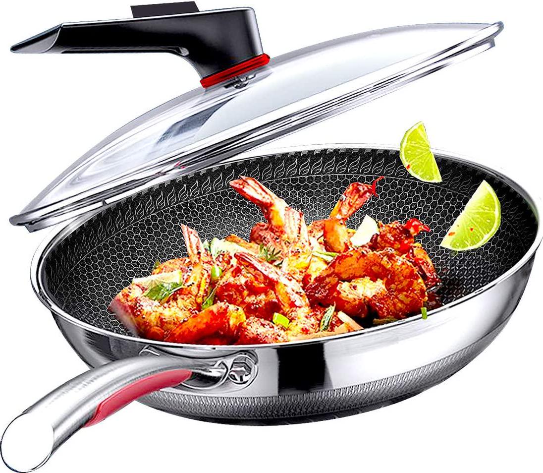 megoo, MEGOO Kitchenware cookwear Non Stick Wok Pan with Lid,(PFA,PFOA Free),Frying Wok Pan Suitable for Induction,Gas Cooktops,Ceramic and Electric Stove (Stainless Steel, 12.6 Inch)