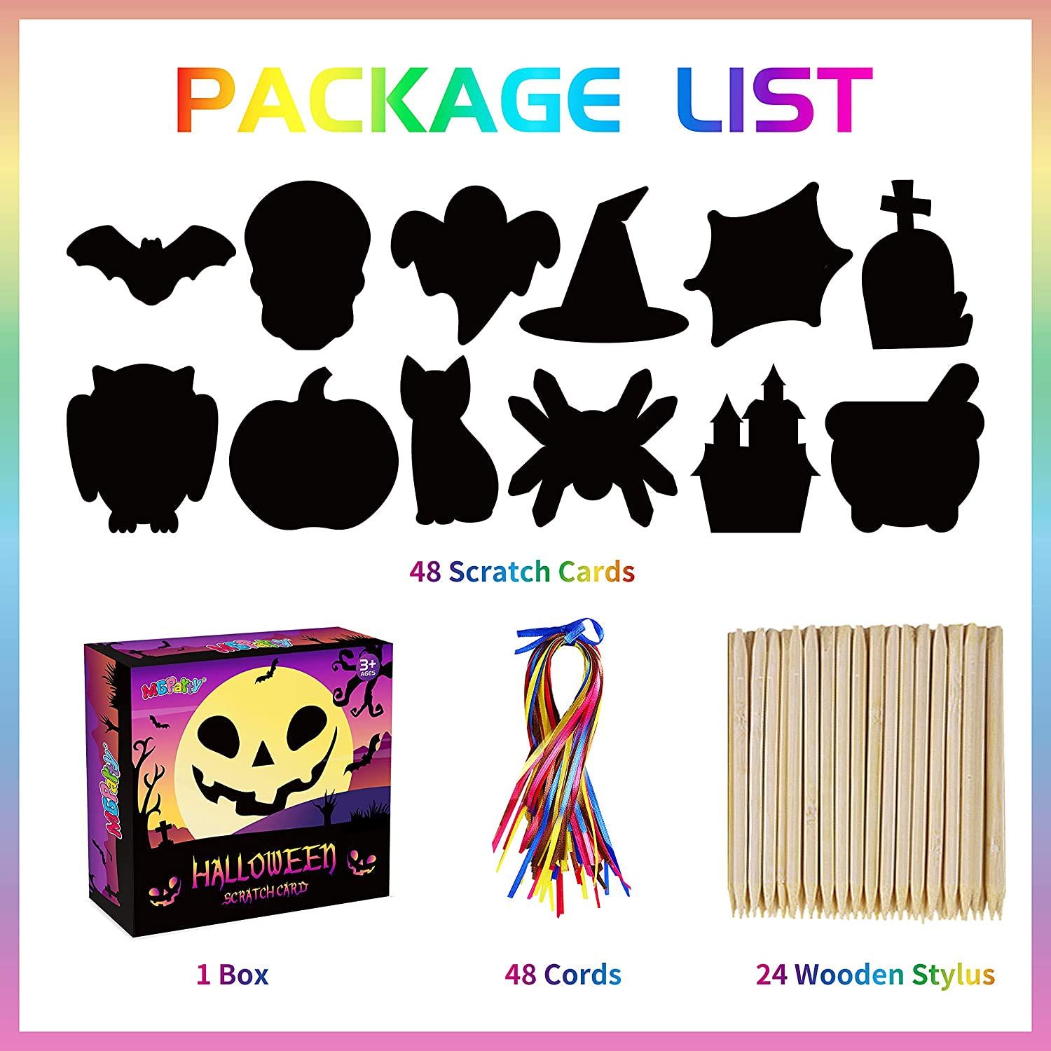 MGparty, MGparty Scratch Paper Craft for Kids - 48 Pcs Halloween Magic Rainbow Scratch Paper Off Cards Set for Kids Crafts Arts Supplies Halloween Ornaments Party Games Halloween Birthday Gift