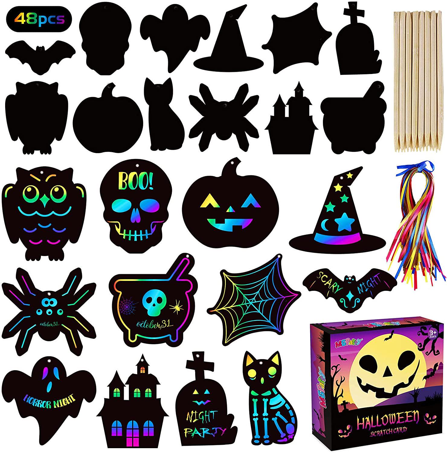 MGparty, MGparty Scratch Paper Craft for Kids - 48 Pcs Halloween Magic Rainbow Scratch Paper Off Cards Set for Kids Crafts Arts Supplies Halloween Ornaments Party Games Halloween Birthday Gift