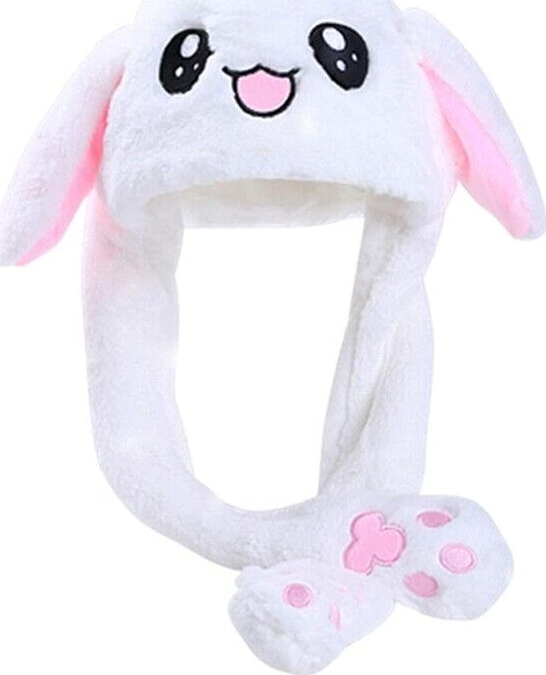 MH MOIHSING, MH MOIHSING Funny Bunny Hat Ear Moving Jumping Rabbit Hat, Dancing Ear Hat Cute Animal Ear Flap Hat Plush Hat Cap with Paws for Women Girls, Cosplay Christmas Party Holiday Hat (White)