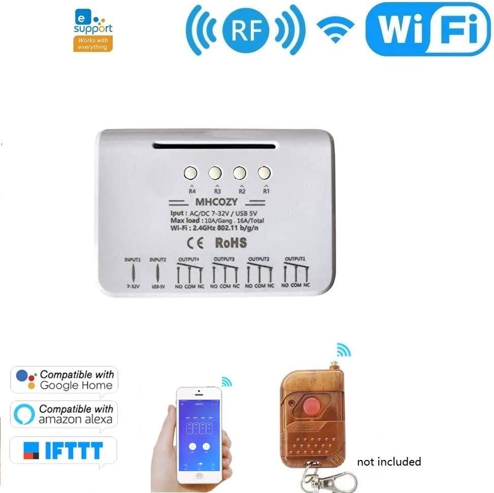 MHCOZY, MHCOZY 4CH WiFi RF Wireless Switch Relay,Inching Self-Locking Interlock Mode,for Access Control Smart Garage Door,Compatible with Alexa Goolge Home