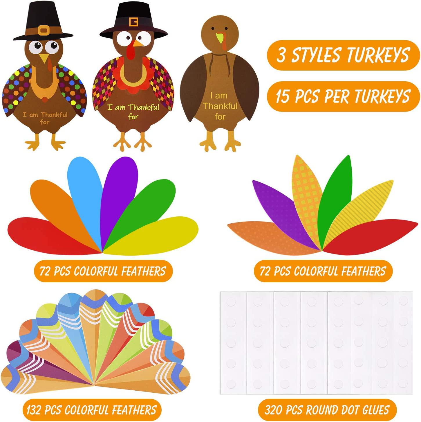 MIAHART, MIAHART 312 Pcs Thanksgiving Turkey Craft Kit DIY Turkey with Colorful Feathers and 320 Pcs Dot Glues Thanksgiving Stickers for Thanksgiving Party School Activities Decoration Supplies