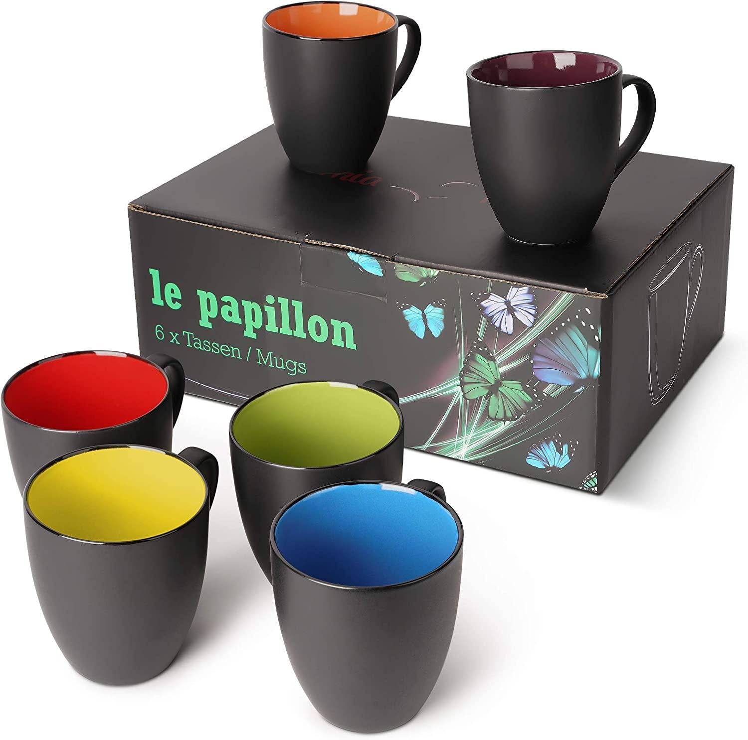 MIAMIO, MIAMIO - 6 x 350 ml Stoneware Coffee Mug/Cup Set - Le Papillon Collection (Black-Multicolor)