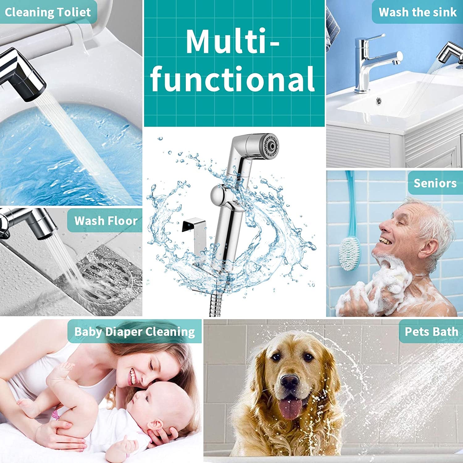 MIAOHUI, MIAOHUI Handheld Bidet Sprayer for Toilet, Muslim Shower, Cloth Diaper Sprayer for Toilet, Toilet Sprayer Attachment, Health Faucet, Bum Gun with Hose and Holder, Wall or Toilet Mount (Chrome)