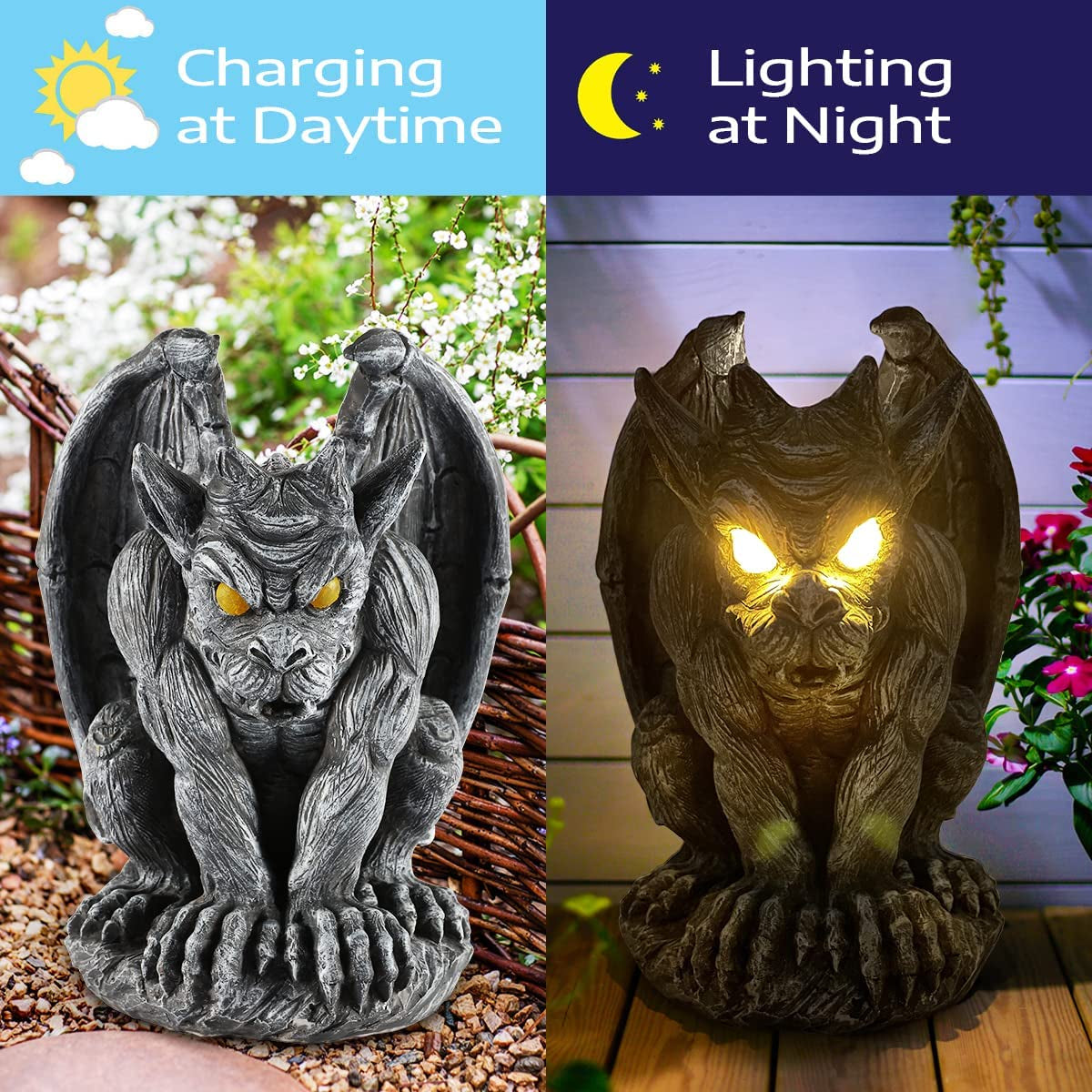 MIBUNG, MIBUNG Large Winged Gargoyle Statue with Solar LED Lights, Sitting Gargoyle Monster Protector Garden Guardian Gothic Sculpture, Outdoor Patio Yard Lawn Porch Deck Decor, Keep the Evil Spirits Away
