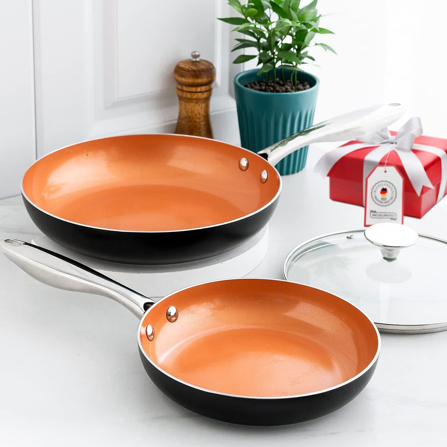 MICHELANGELO, MICHELANGELO Frying Pan Set, 9.5 and 11 Copper Frying Pan Set with Lid, Nonstick Frying Pan With Titanium Ceramic Interior, Frying Pans Nonstick, Nonstick Skillets, Induction Compatible