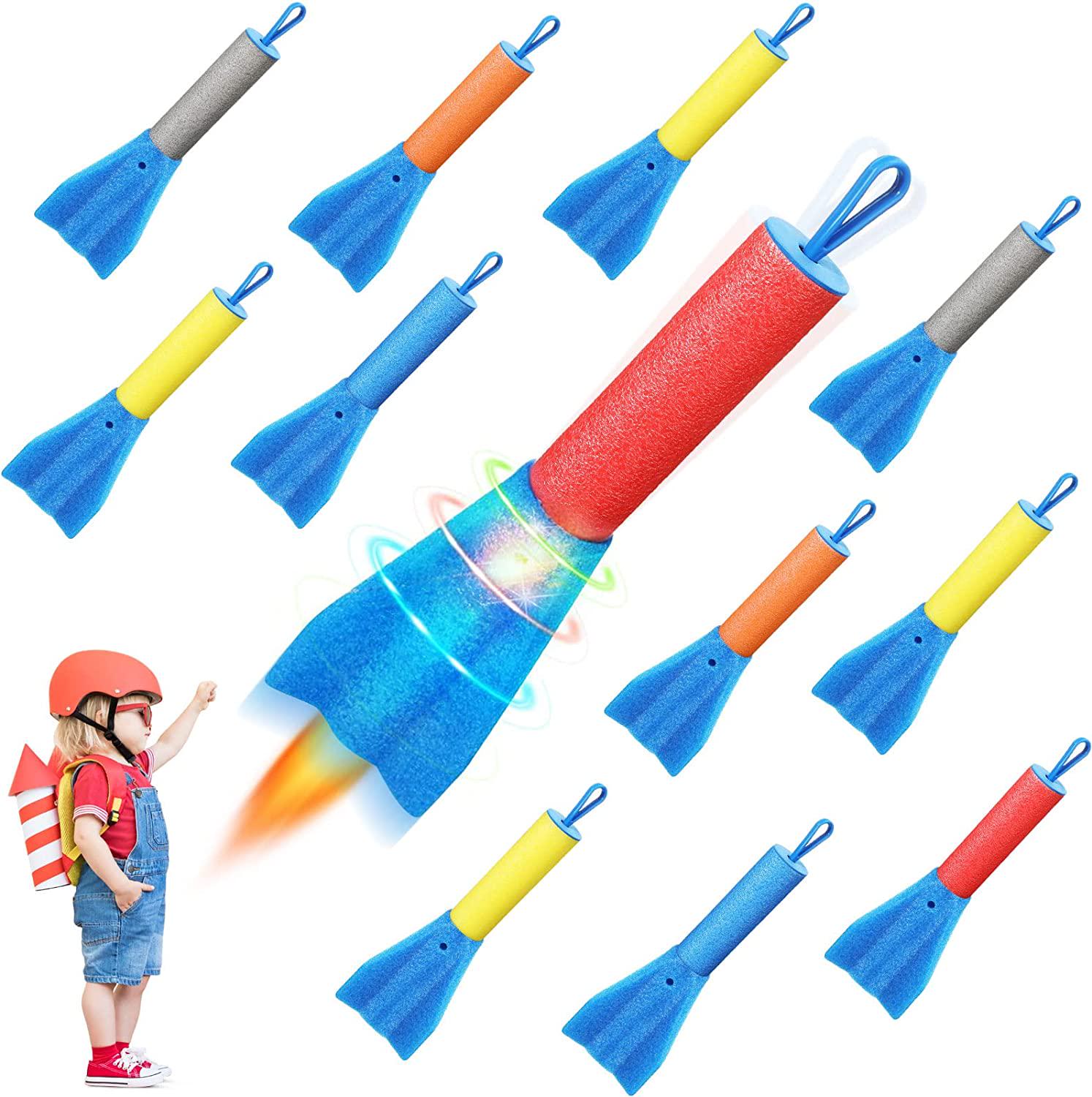 Macarrie, Macarrie 12 Packs Slingshot Finger Rockets Toys LED Foam Rocket Launcher Fun Outdoor Toy for Summer Outdoor Indoor Camping Games Activities Party Favors, Flying Light up to 100 Feet