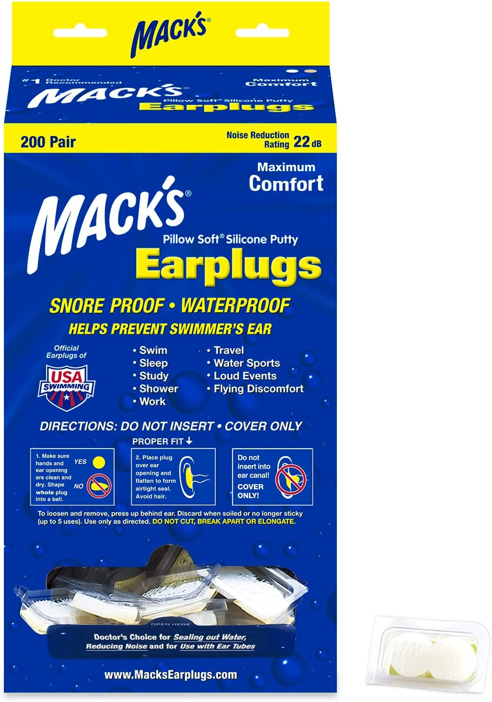 Mack's, Mack'S Mouldable Pillow Soft Silicone Earplugs Bulk 200 Pairs