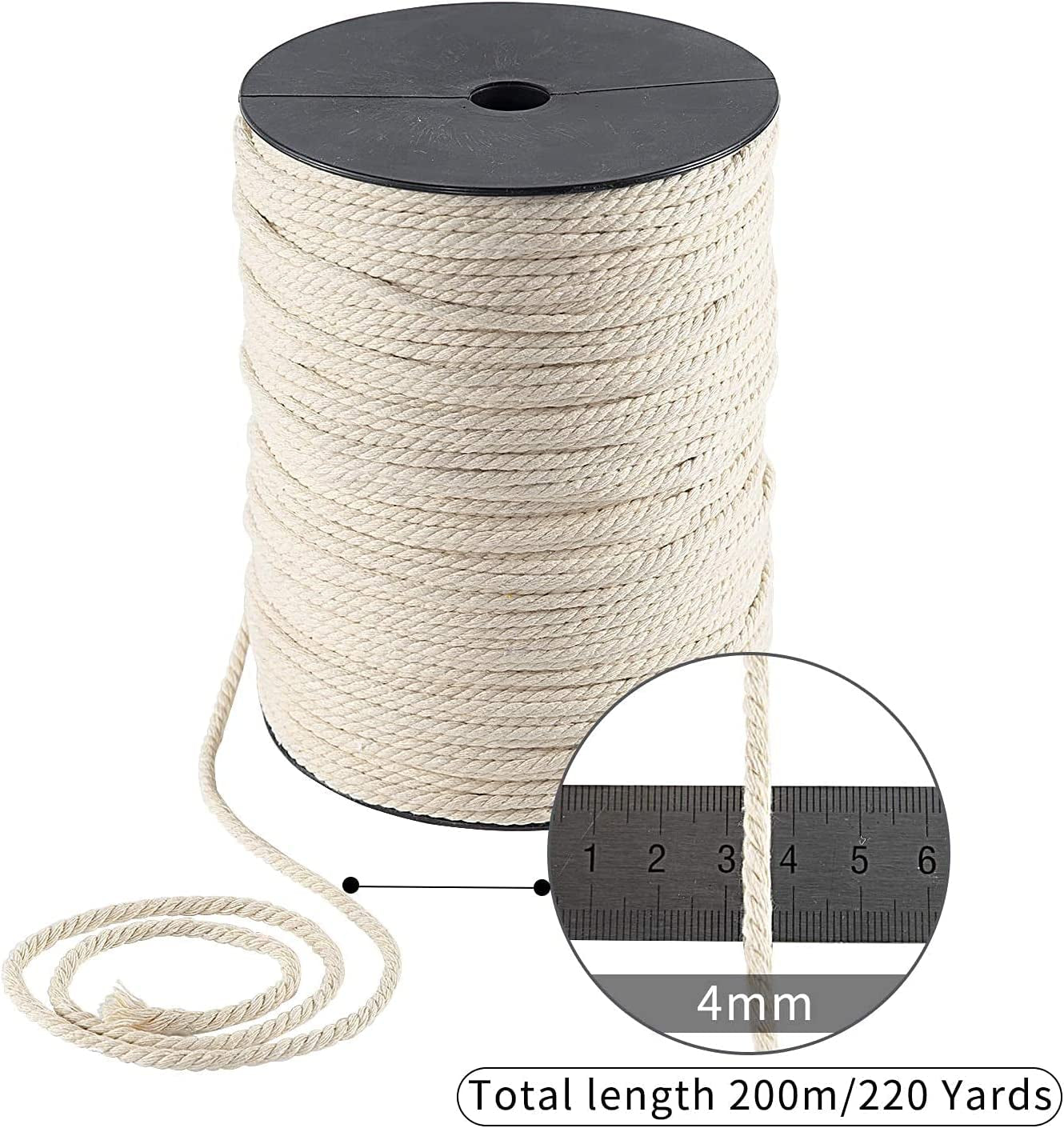 CNZON, Macrame Cord 4Mm Thick Cotton Twine 656 Feet, Natural Cotton Macrame Rope Cotton Cord for Wall Hanging, Plant Hangers, Crafts, Knitting,Home Decoration