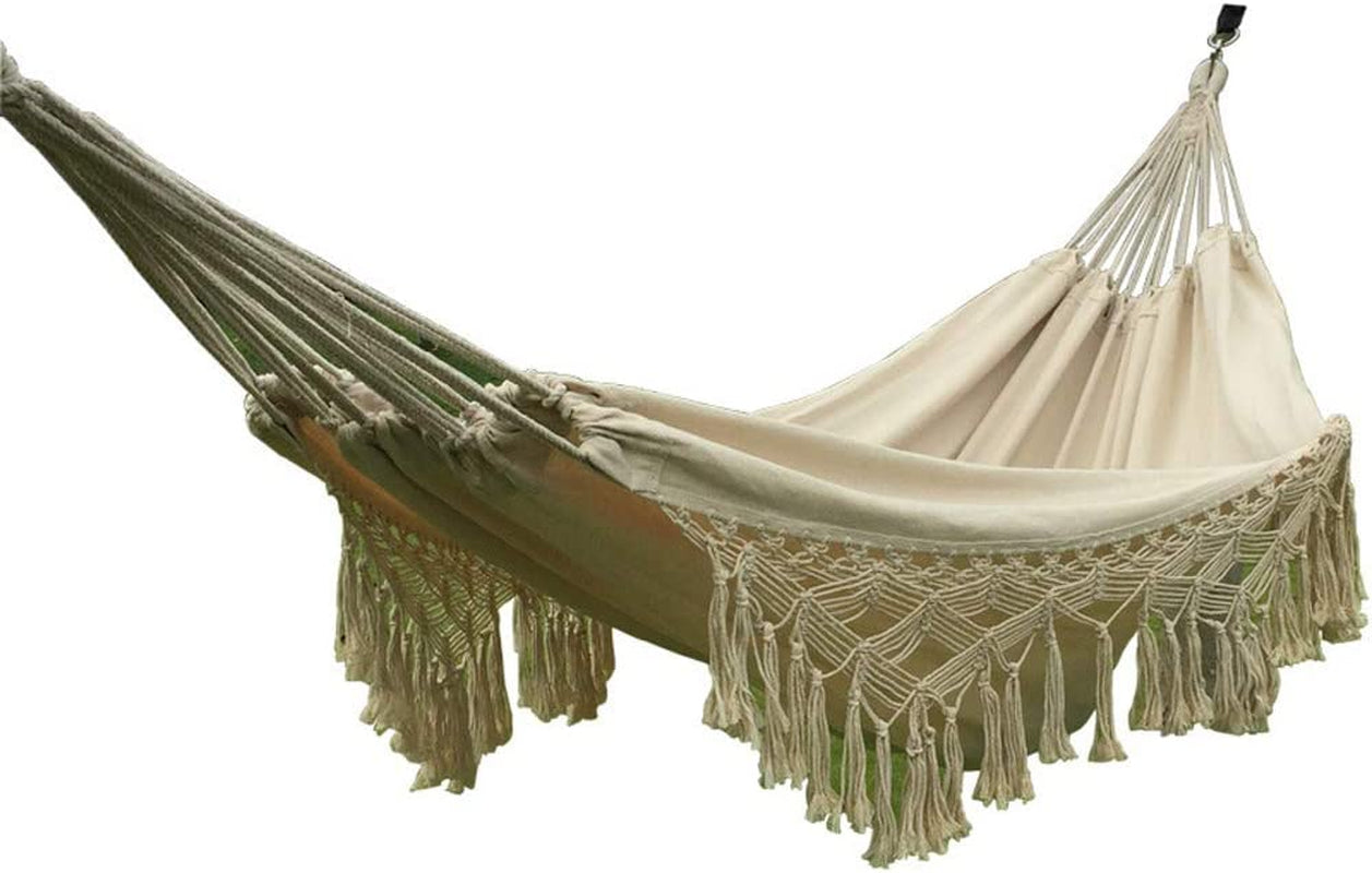 HI SUYI, Macrame Cotton Camping Boho Hammock Woven Hanging Rope Chair Porch Swing with Crochet Fringe for Balcony Backyard Patio Garden Pool Outdoor and Indoor Natural White