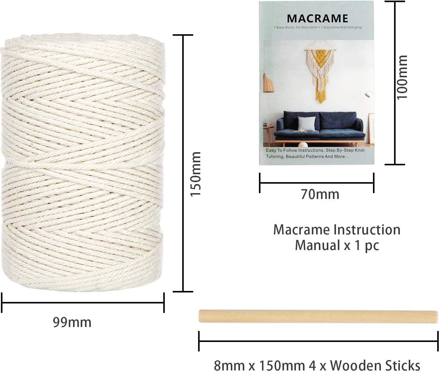 VideMundi, Macrame Kit,132 Pcs 3mm x 219 Yard Natural Cotton Cord with Wooden Sticks,Hoops Rings,Colored Bead, Book,Macrame DIY Kit for Beginners,Adults,Kids