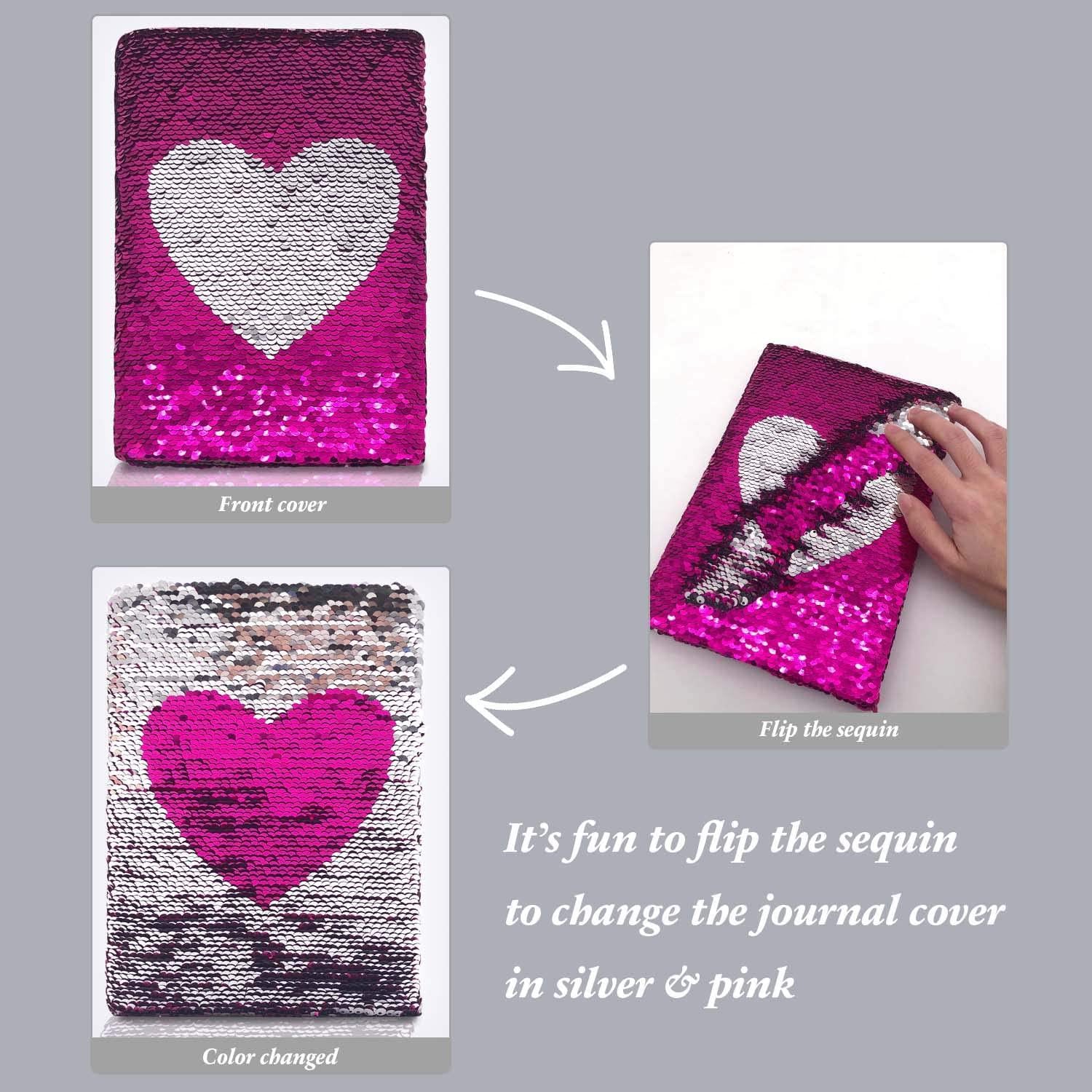 GINMLYDA, Magic Reversible Flip Sequin Girls Journal Heart Pattern Rose Red to Sliver, Secret Kids Diary Personalized Notebook A5 Size 160 Lined Pages