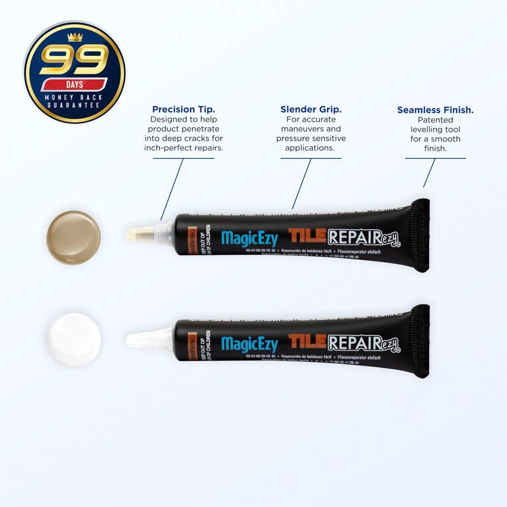 MagicEzy, MagicEzy Tile RepairEzy - Porcelain Tile Repair Kit - Fix Cracked or Chipped Ceramic Tiles Fast - Thick Structural Repair Filler, Putty and Adhesive for Tiles (Beige and White Kit)