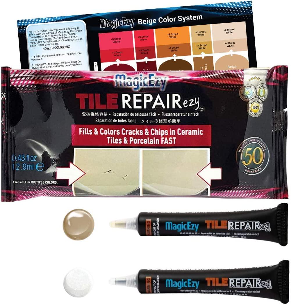 MagicEzy, MagicEzy Tile RepairEzy - Porcelain Tile Repair Kit - Fix Cracked or Chipped Ceramic Tiles Fast - Thick Structural Repair Filler, Putty and Adhesive for Tiles (Beige and White Kit)