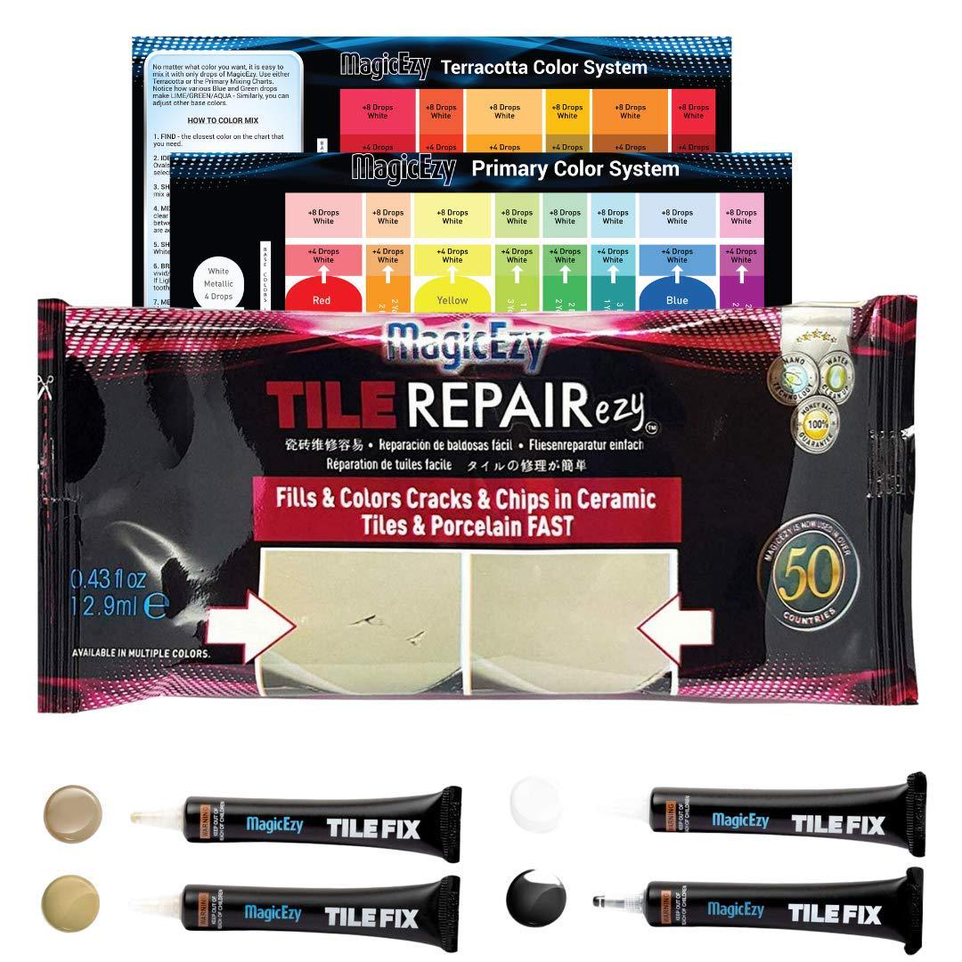 MagicEzy, MagicEzy Tile RepairEzy (The Neutrals Kit) - Porcelain Tile Repair Kit - Fix Cracked or Chipped Ceramic Tiles Fast - Thick Structural Repair Filler, Putty and Adhesive for Tiles