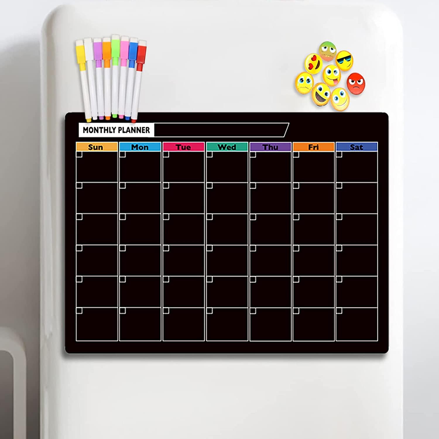 Zoste, Magnetic Black Dry Erase Board for Fridge 17 x12 ,With Bright Neon Chalk Markers, Fridge Magnet Board for Monthly /Weekly Planner Grocery List,Super Easy to Erase Magnetic Calendar for Refrigerator.