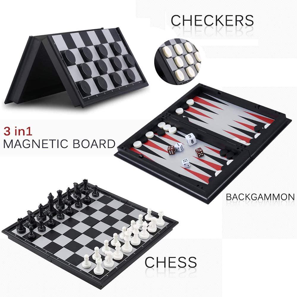 Joneytech, Magnetic Chess Set, 12.5inch Travel Folding 3 in 1 Checkers Backgammon Chess Board Games for Kids and Adult Family Christmas Gift