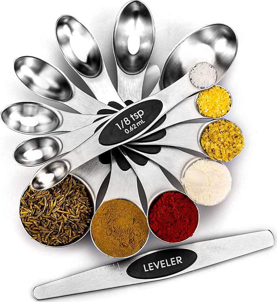 EDELIN, Magnetic Measuring Spoons Set, 7pcs Stainless Steel Metal Heavy Duty Nesting Spoons Teaspoon, 1 Leveler, Tablespoon Dual Sided, Fits in Spice Jars, Set of 8 Measuring Dry and Liquid Ingredients