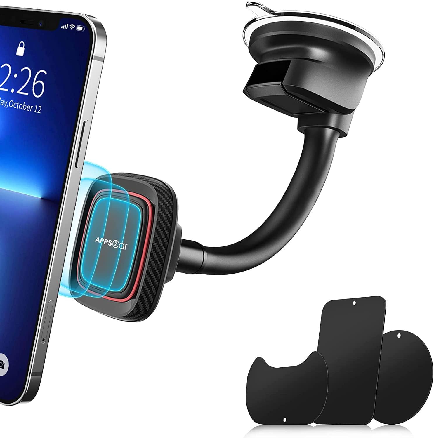 APPS2Car, Magnetic Phone Car Mount, APPS2Car XL Universal Dashboard and Windshield Car Phone Mount with 6 Strong Magnet,Phone Holder for Car with Strong Suction Cup, Com/W Larger and Heavy Devices