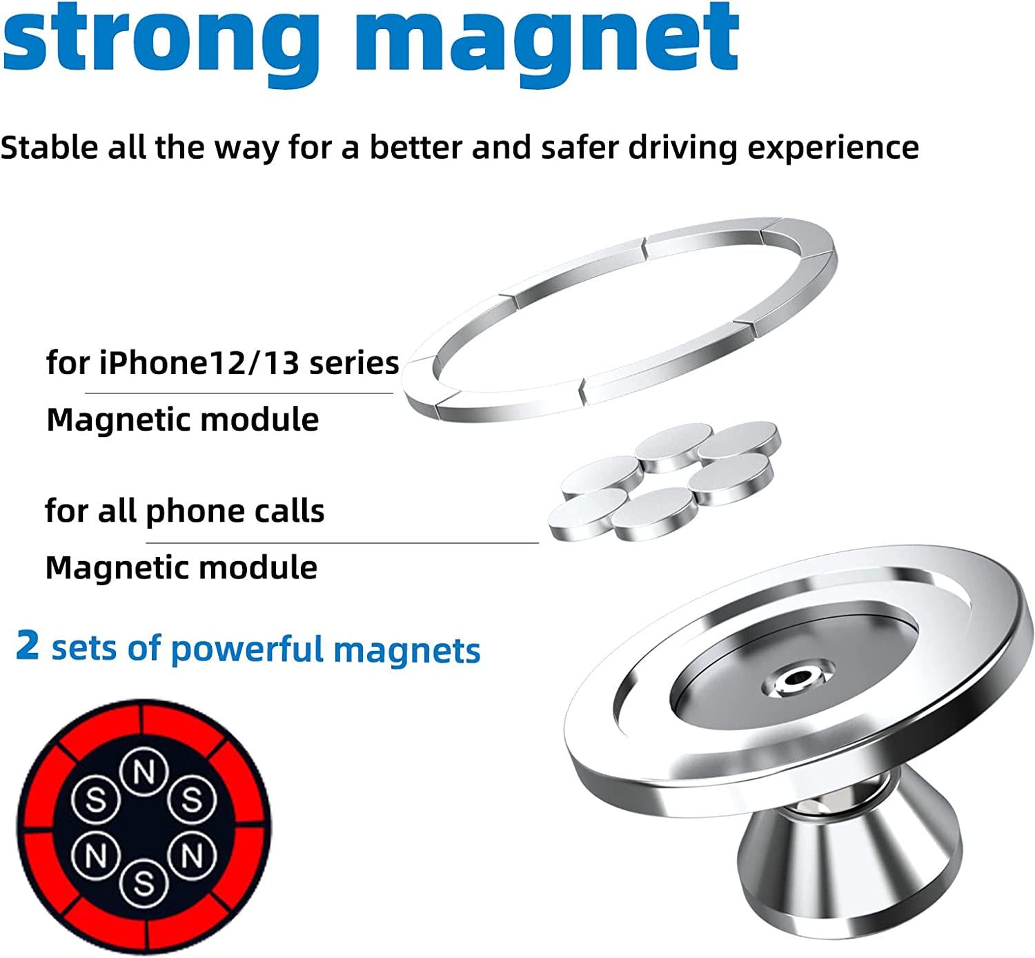 forubar, Magnetic Phone Holder for Car, [ 2 Groups Super Strong Magnet ] [ 360° Rotation ] Universal Dashboard Car Mount Holder Compatible with All Smartphones (Silver)