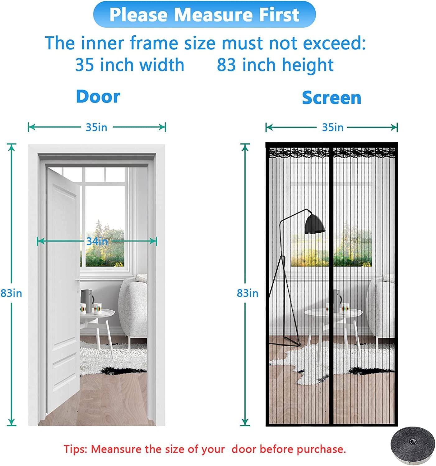 YiiMO, Magnetic Screen Door, YiiMO Heavy Duty Mesh Curtain Screen Gates with Full Frame Ve-lcro and Magnets, Screens Net Fit Doors up to 36 X 80 inches, Keep Bee, Fly and Mosquito Out - Kids Pets Friendly