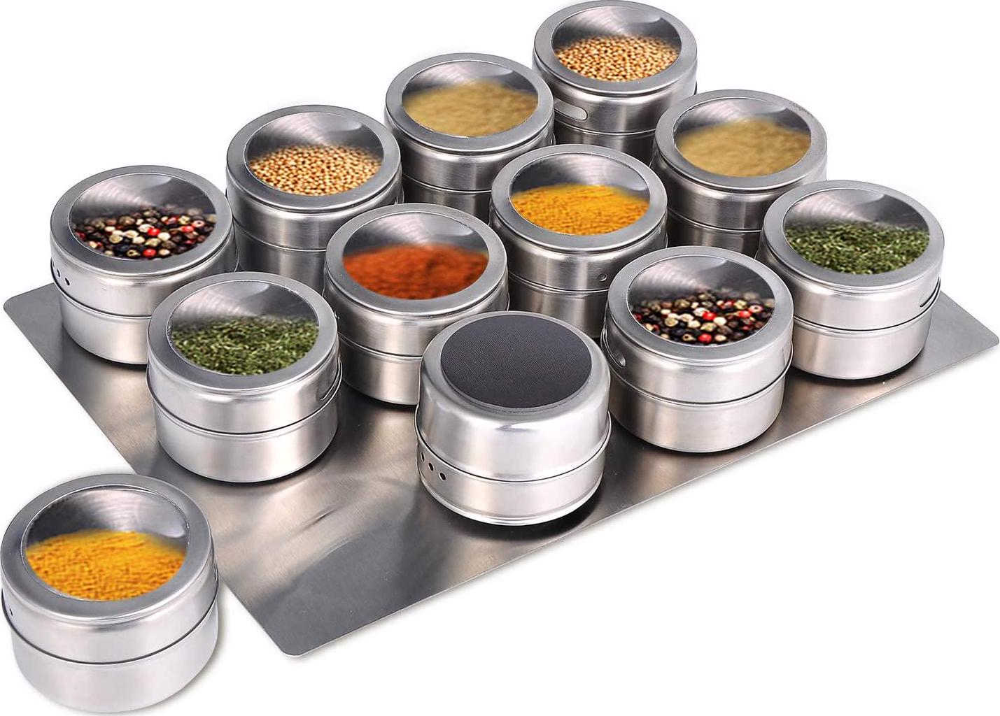 Beeyoka, Magnetic Spice Jars 12pcs with Wall Mounted,Stainless Steel Spice Tins with Lid and Small Holes for Sprinkle Rust Free Easy to Clean Includes 94 Labelling Stickers by Beeyoka