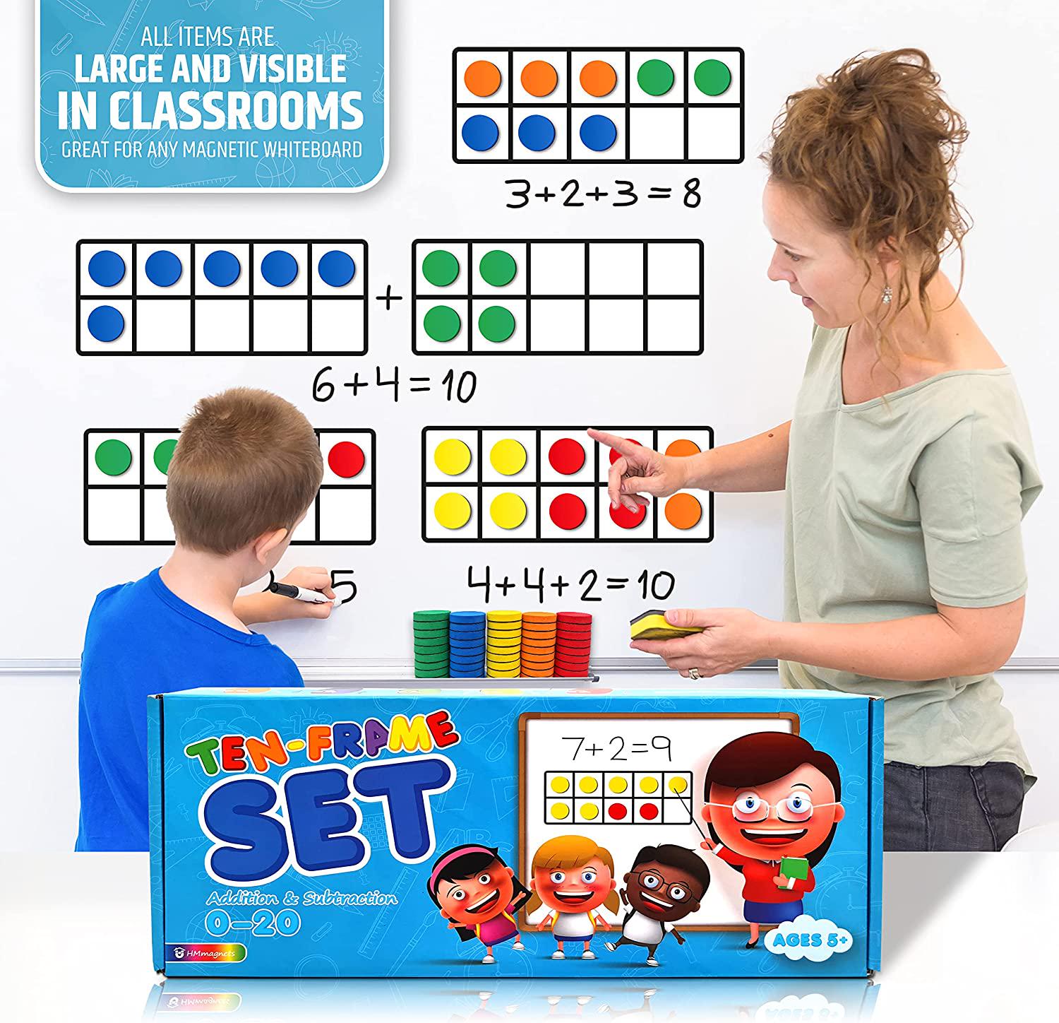 HMmagnets, Magnetic Ten Frame Set (203 Items): 8 Ten-Frames + 100 Colorful Counters + 10 Dice + 80 Math Flash Cards - Addition and Subtraction - Math Manipulatives Kit for Home, Kindergarten and Elementary Teachers