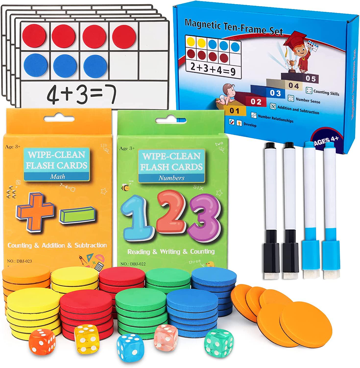 Dysaim, Magnetic Ten-Frame Set Math Manipulatives 142pcs Kit, 5 Frames + 55 Magnetic Math Counters + 5 Dice + 72 Math Flash Cards + 4 Markers, Math Games for Home, Kindergarten Classroom, Teachers Elementary