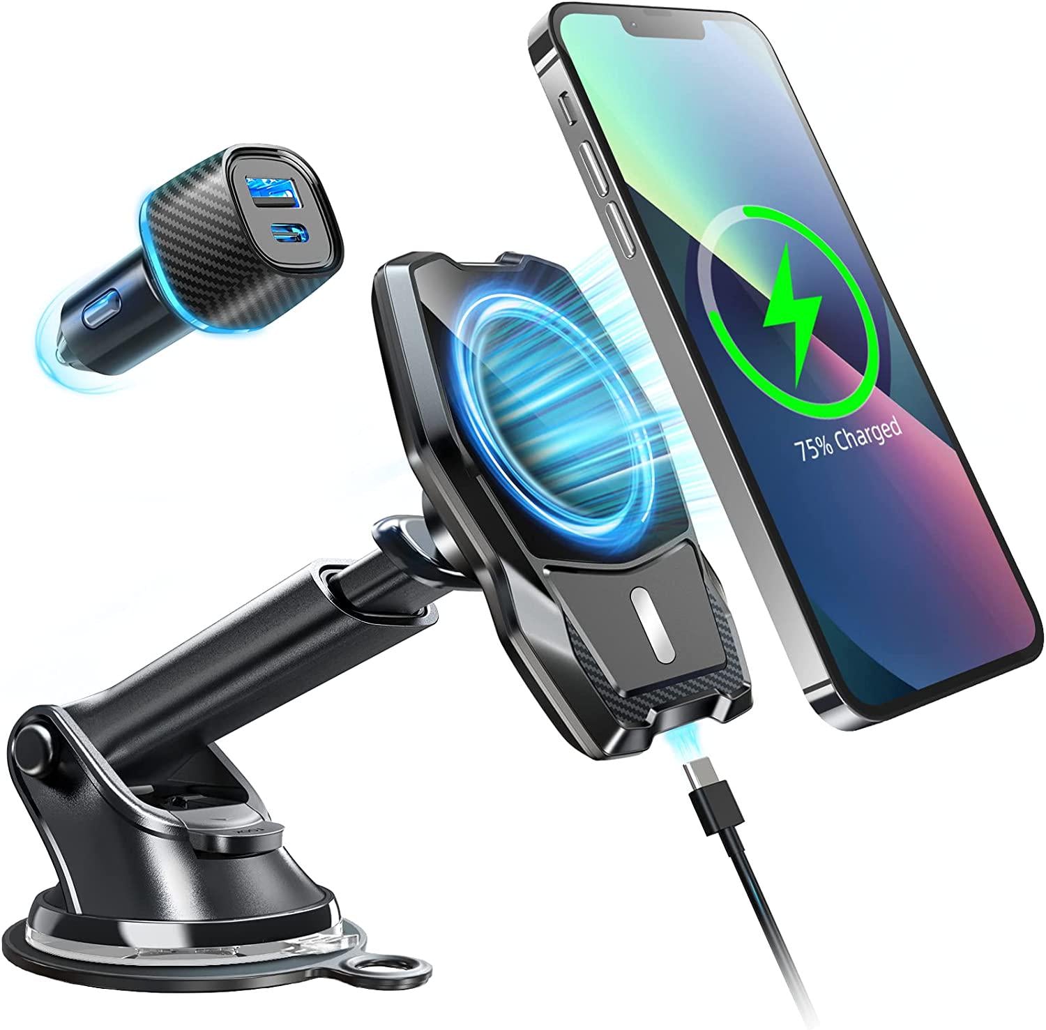 APPS2Car, Magnetic Wireless Car Charger, 15W Suction Cup Magsafe Car Mount Charger for Dashboard/Windshield [with QC3.0 Adapter], Compatible for iPhone 13/12 Pro Max Mini, Auto-Alignment Wireless Charging Mount
