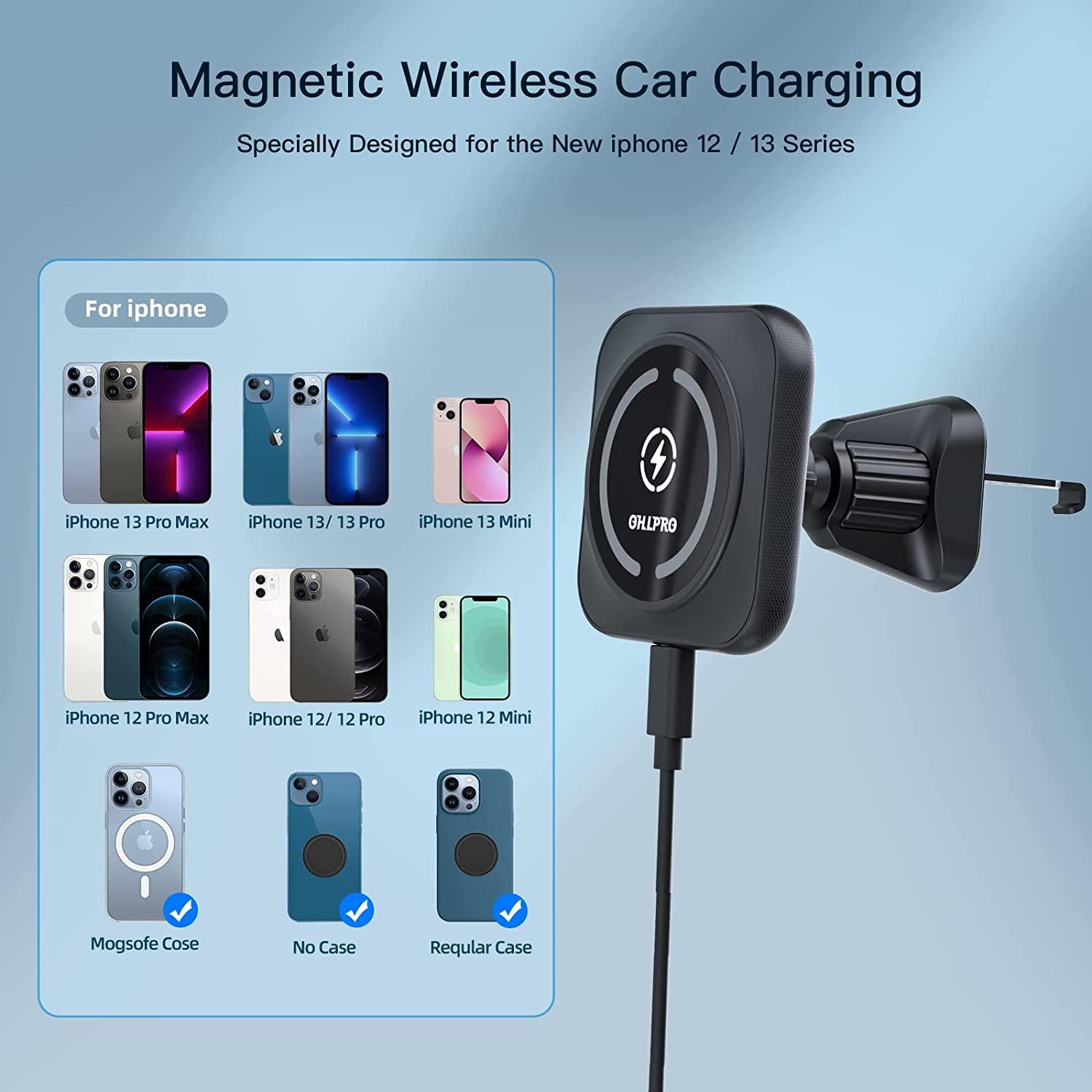 OHLPRO, Magnetic Wireless Car Charger Mount,Compatible with MagSafe Car Mount for iPhone 14/13/12 Series Phones, 15W Qi Fast Charging, Hook Car Mount Air Vent and Stick On Car Dashboard Car Phone Holder