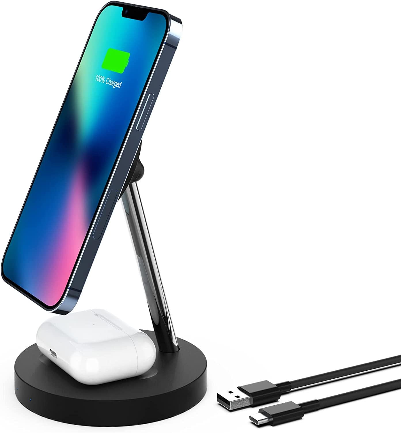 Boaraino, Magnetic Wireless Charger, Boaraino 2 in 1 Wireless Charging Station Compatible with iPhone 13/13 Pro/13 Pro Max/13 Mini/iPhone 12/12 Pro/12 Pro Max/12 Mini, AirPods 2/3/Pro (Adapter Not Included)