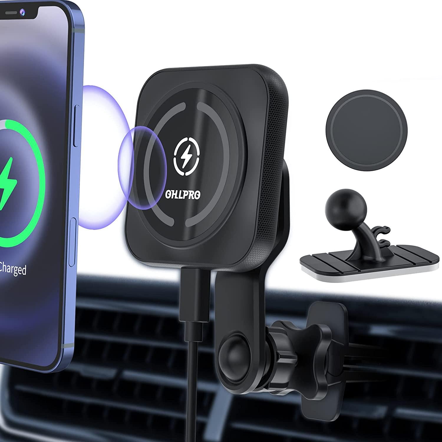 OHLPRO, Magnetic Wireless Charger Car Mount for MagSafe Case iPhone 13/12/Pro/Pro Max/Mini ,15W Fast Charging N52 Magnet Auto-Alignment Air Vent Dashboard Phone Holder(Black