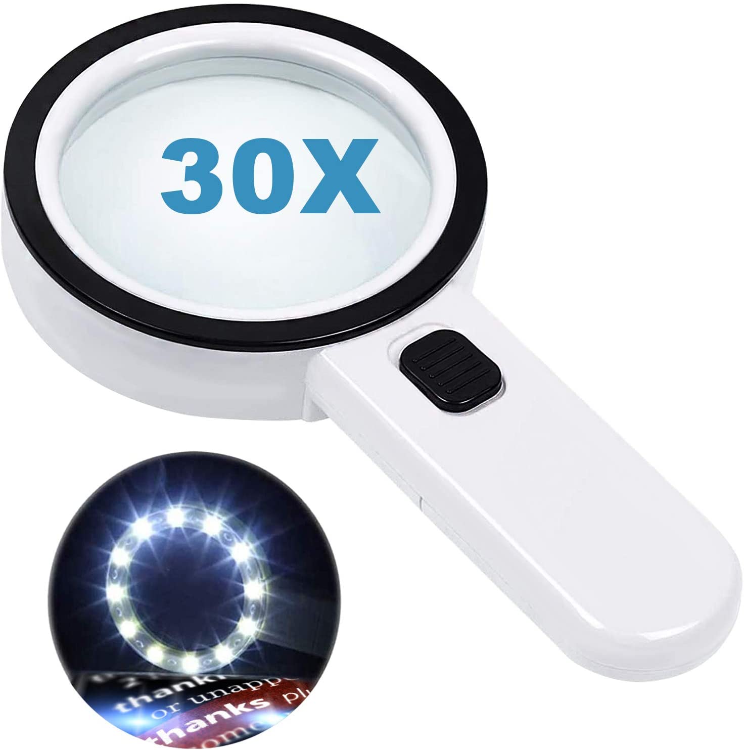Nazano, Magnifying Glass with 12 LED Lights, 30X Double Glass Lens Handheld Illuminated Magnifier Reading Magnifying Glass with for Seniors Read, Coins, Stamps, Map, Inspection, Macular Degeneration