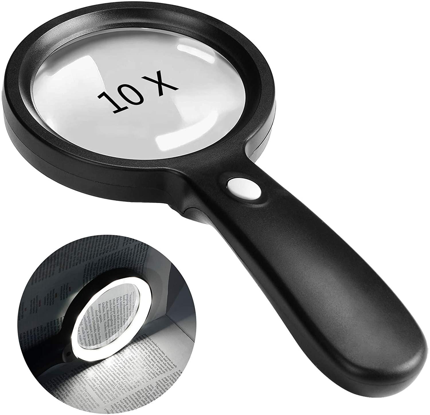 JMH, Magnifying Glass with Light, 10X Handheld Large Magnifying Glass 12 LED Illuminated Lighted Magnifier for Macular Degeneration, Seniors Reading, Soldering, Inspection, Coins, Jewelry, Exploring