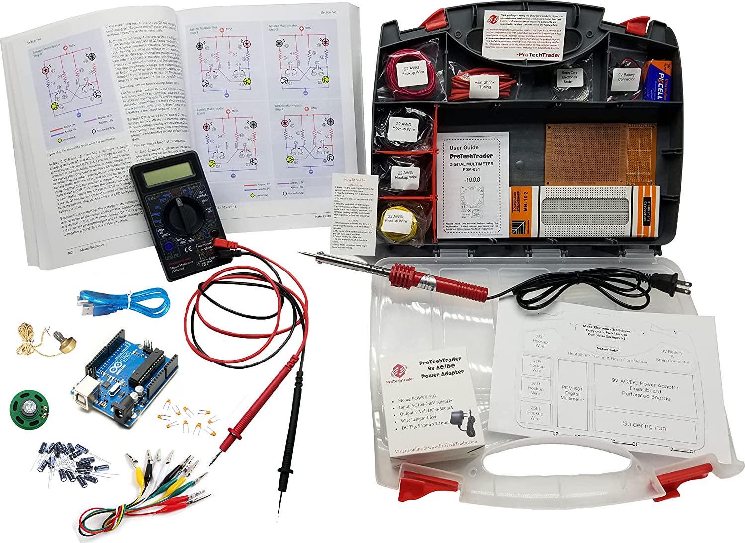 ProTechTrader, Make: Electronics 3rd Edition Kit 1 and 2 Ultimate Deluxe Bundle Includes Book - Beginner Intermediate and Advanced Component Pack Follows The Experiments in Make: Electronics Third by Charles Platt