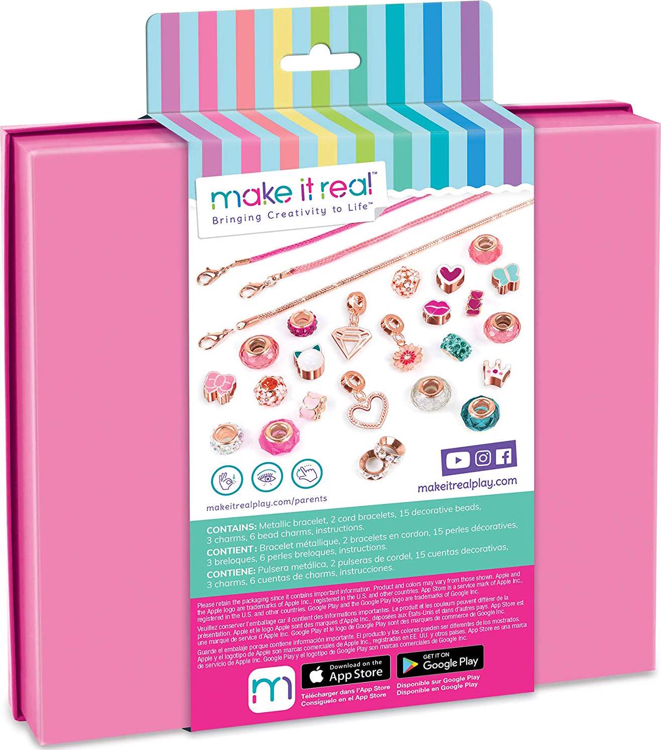 Make It Real, Make It Real - Halo Charms Bracelets Think Pink - DIY Charm Bracelet Making Kit - Friendship Bracelet Kit with Beads, Charms and Cord - Arts and Crafts Bead Kit for Girls - Makes 3 Bracelets