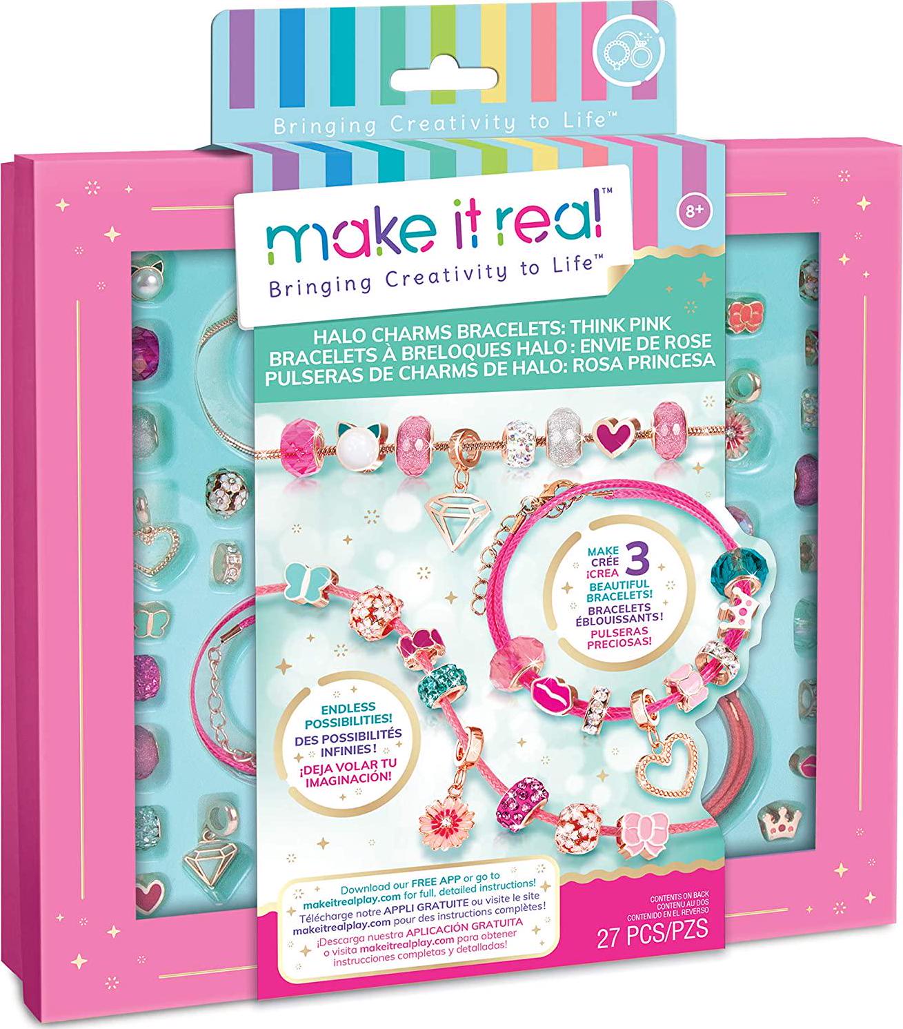 Make It Real, Make It Real - Halo Charms Bracelets Think Pink - DIY Charm Bracelet Making Kit - Friendship Bracelet Kit with Beads, Charms and Cord - Arts and Crafts Bead Kit for Girls - Makes 3 Bracelets
