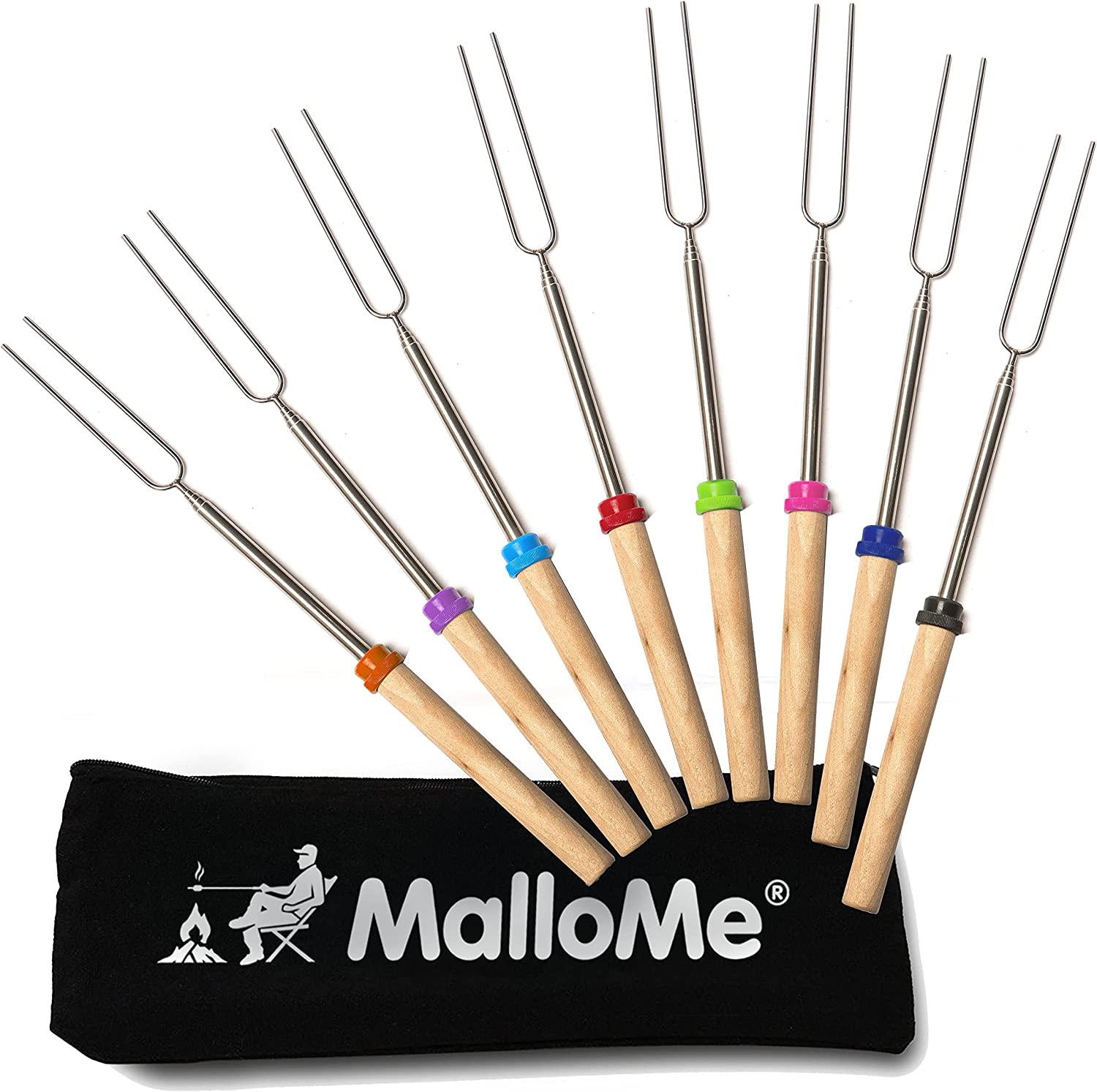 MalloMe, MalloMe Marshmallow Roasting Sticks Extending Roaster Set of 8 Telescoping Smores Skewers and Hot Dog Forks 32 Inch Fire Pit Camping Cookware Campfire Cooking Kids FREE Bag 10 Sticks and Ebook