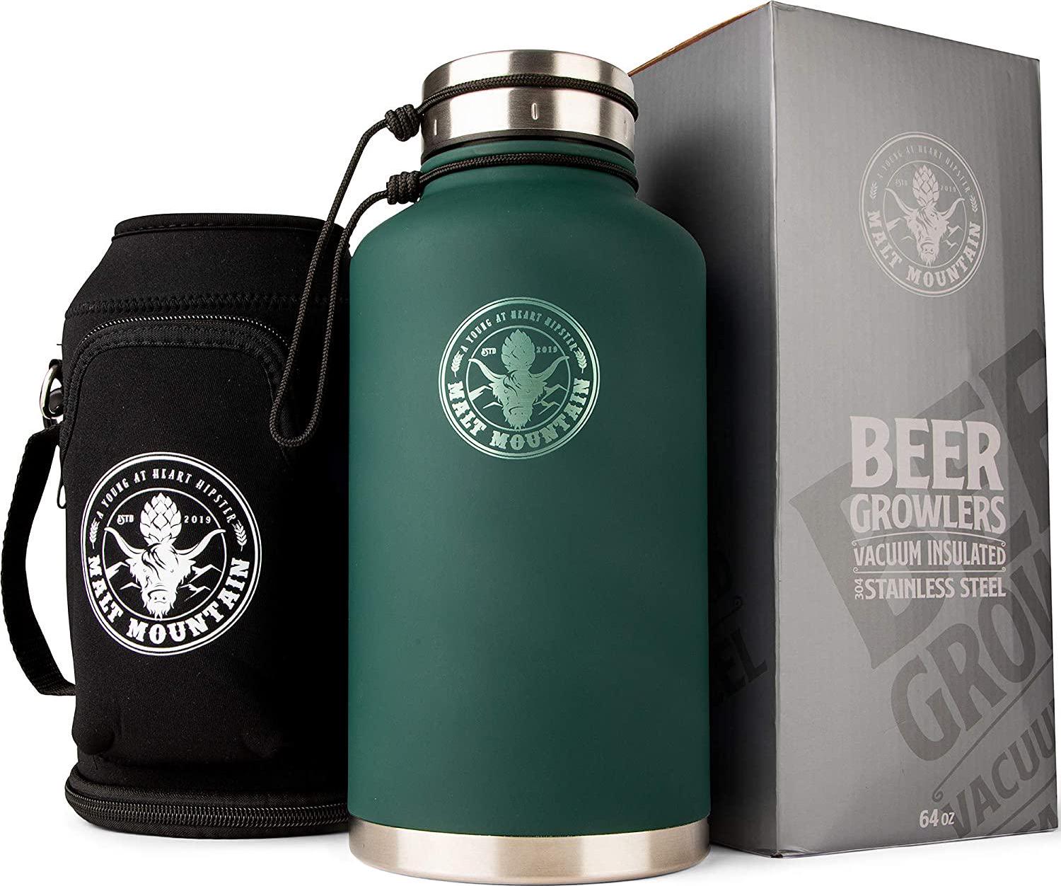 Malt Mountain, Malt Mountain Insulated Beer Growler, 64 oz, Double-Wall Stainless Steel, with Travel Bag - Vacuum Sealed Growlers for Cold Beer - 48 Hour Temperature and Carbonation - Drink Canister Jugs for Camping