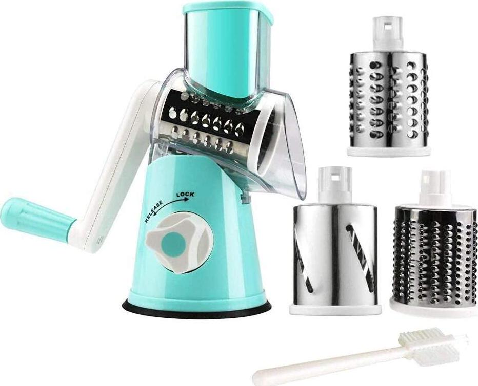 Vinipiak, Manual Rotary Cheese Grater Round Vegetable Potato Carrot Mandoline Slicer Nuts Grinder with Cleaning Brush for Kitchen(Blue)