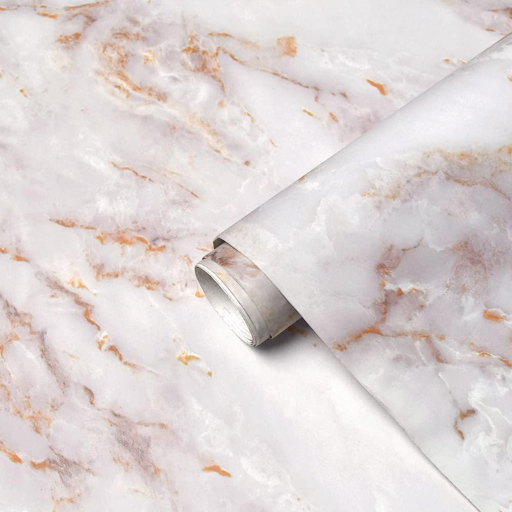 Cohoo Home, Marble Paper Matte Removable Peel and Stick Wallpaper Self Adhesive Decorative Granite Vinyl Film Waterproof Roll for Countertop Bathroom 23.6 ×118 Thick, Easy to Clean and Install Gold/White