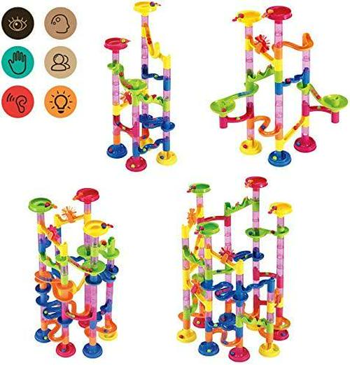 Bee bee Run, Marble Run for Kids 105Pcs Sets, Marble Race Track Maze Game Construction Building Blocks Toys for Girls and Boys(75 Plastic Pieces + 30 Glass Marbles)
