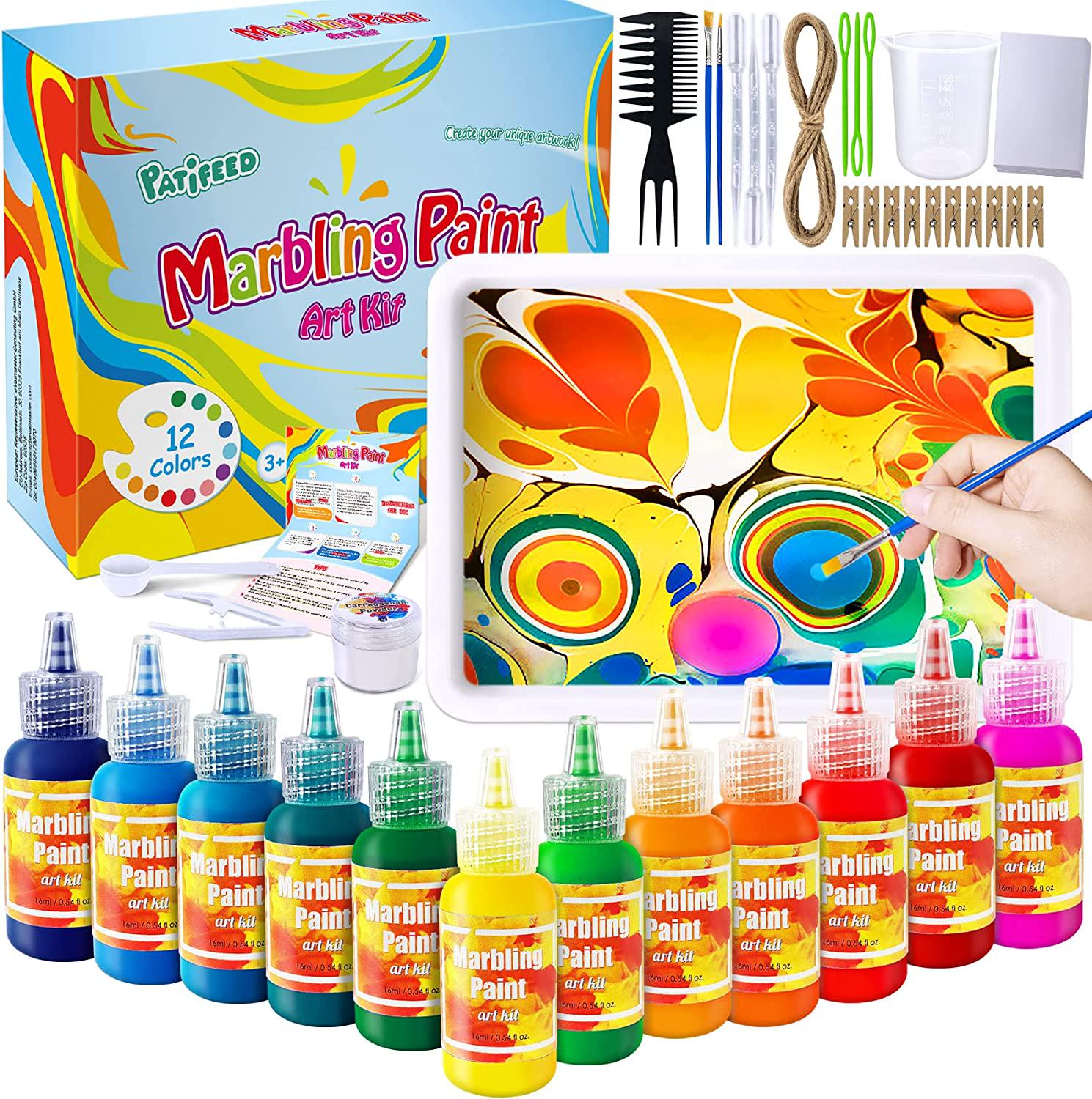 PATIFEED, Marbling Paint Art Kit for Kids, Arts and Crafts for Girls Boys Ages 6-12, Craft Kits Art Set Toy Gifts for Kids 3 4 5 6 7 8 9 10+ Marble Painting Birthday Christmas, 12 Colors