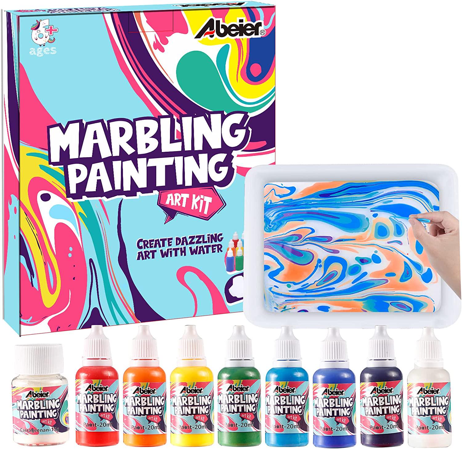 ABEIER, Marbling Paint Kit For Kids, Arts and Crafts for Teens, Preteens, Kids Ages 6-12 - Creative Toys Gifts for Girls and Boys Ages 4 5 6 7 8 9 10 11 12(Marble Paint on Water, 8Colors/20ml)